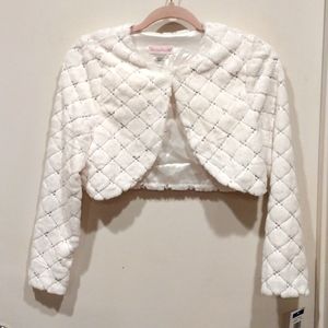 NWT Bonnie Jean Girl's White/ Silver Quilted Faux Fur Jacket XL-Party Wedding